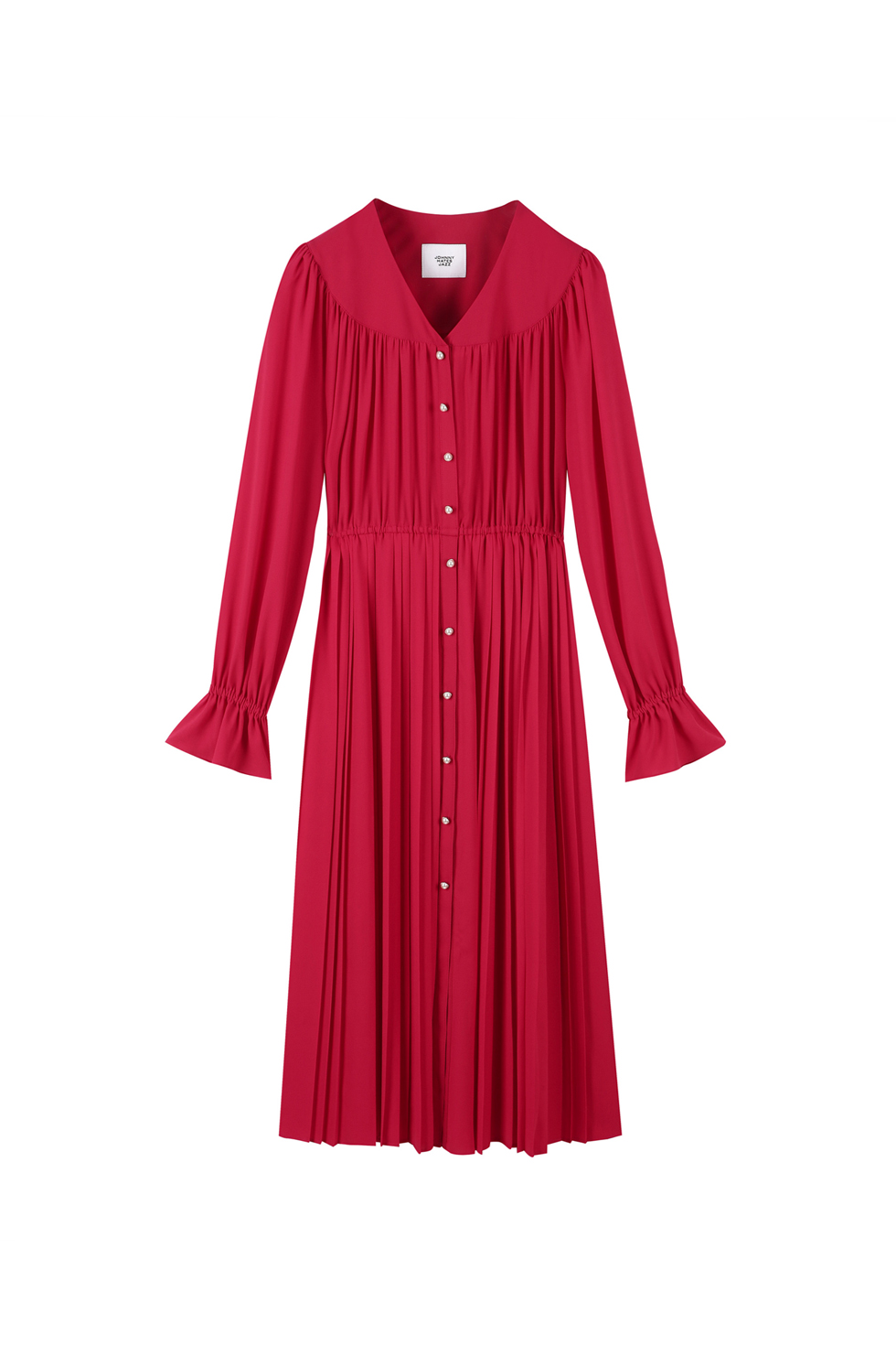 PEARL BUTTON PLEATS DRESS - RED